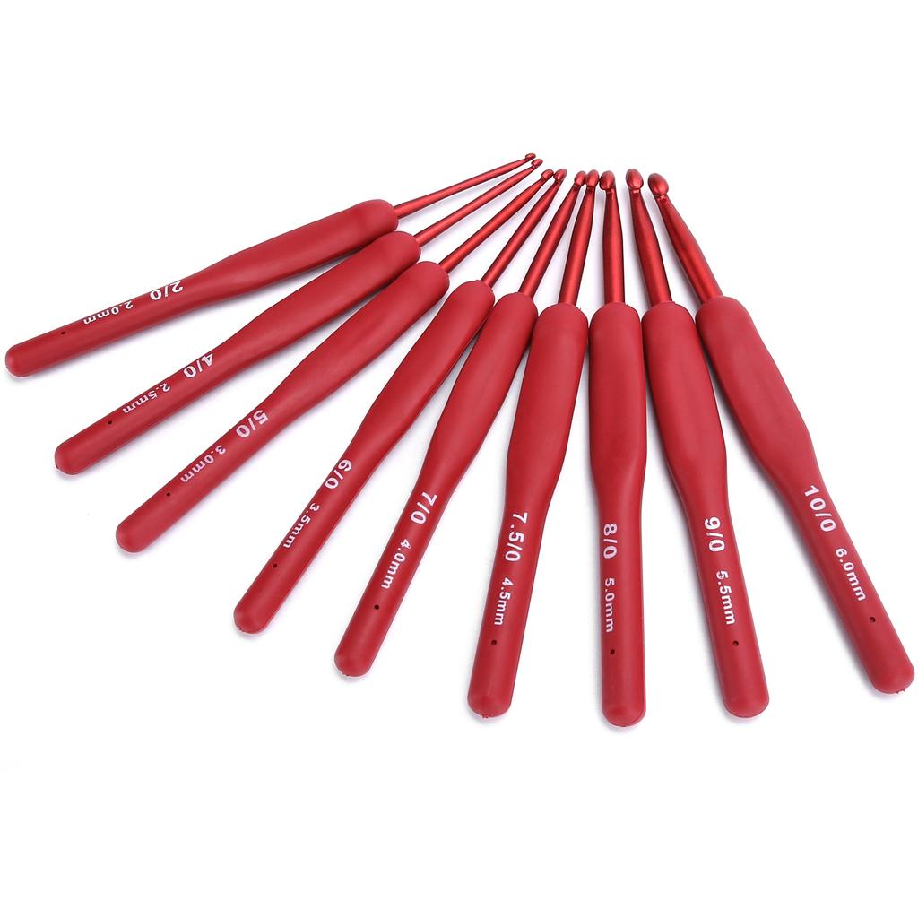9Pcs Ergonomic Crochet Hook Sweater Sewing Thread Red Handle Craft Accessories Knitting Tools