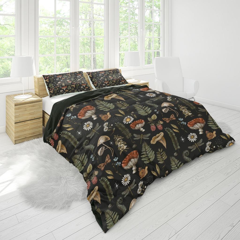 Green Leaf Pattern 3Pcs Bedding Set Soft And Breathable Floral Mushroom, Snail - Includes Quilt Cover And Pillowcases No Filling
