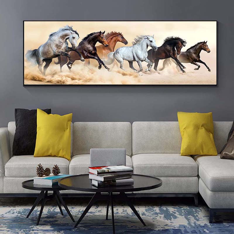 Современные шесть бегущих черных и золотых лошадей, животных, холст, живопись, постеры и принты, настенная картина для декора гостиной, без рамки