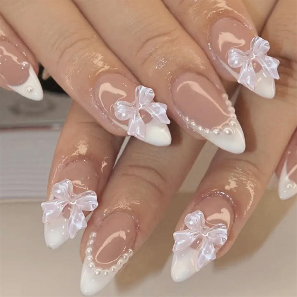 24PCS Nude Almond False Nails with White Tip Prevailing Natural Look Press-On Nail Sets for Manicure Lovers and Beauty Bloggers