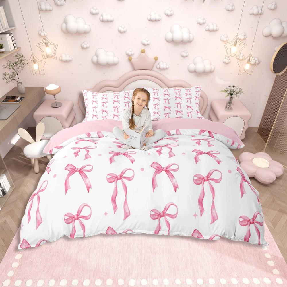 Homewish Pink Ribbon Bow Duvet Cover Set for Girls,Kawaii Princess Cartoon Bedding Set,Cute Stars Print Reversible Bed Set