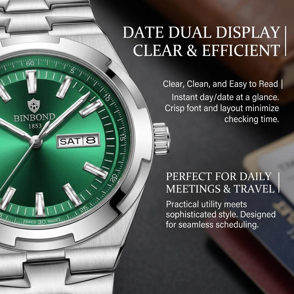1pcs Fashion Simple Men's Watch Silver Metal Strap Green Dial Day Date Display Business Casual Versatile