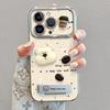 Cute 3D Bear Coffee Phone Case with Stand & Pearl Chain, Aesthetic Luxury Cover for iPhone