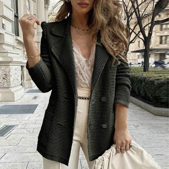 Women Fall Winter Coat Double-breasted Solid Color Thick Soft Warm Turn-down Collar Cardigan Buttons Pockets Mid Length OL Commute Style Lady Jacket