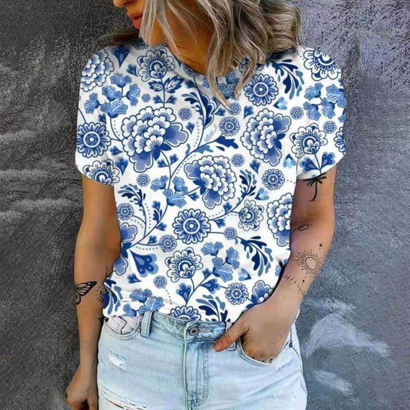 Elegant Women's T-shirt Fashion Retro Flower 3D Pattern Print T-shirt Women's Short Sleeved T-shirt Summer Leisure T-shirt