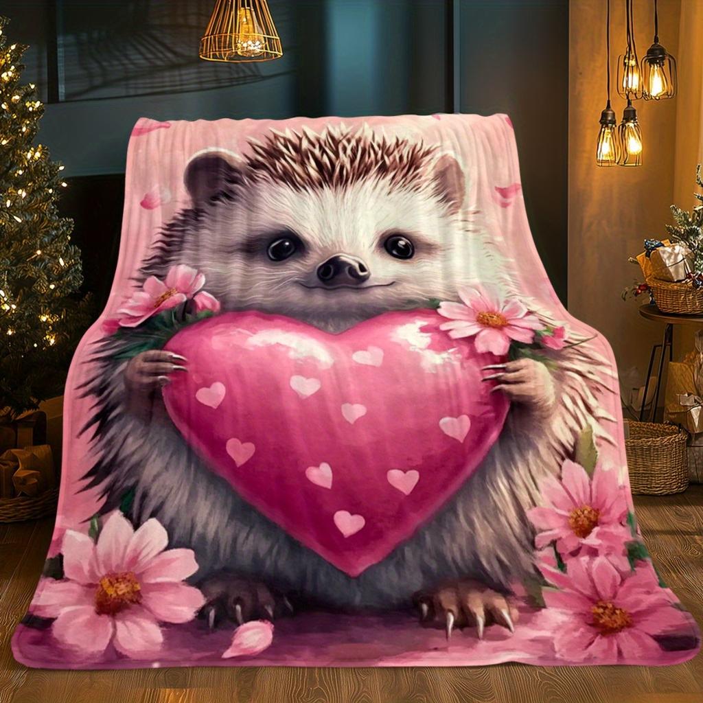 1pc Cute hedgehog holding heart pink floral blanket love theme flannel blanket Valentine's Day gift soft throw blanket