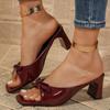 Bow Women's Slippers Summer New Outside Wear Square Toe Block Heel Flip Flop Plus Size High Heel Cool Mopping