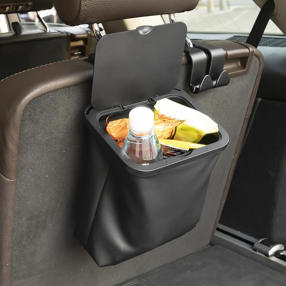 Leather Car Garbage Can Foldable Auto Trashes Can Large Capacity Storage Organizer Waterproof with Lid for Car Vehicle