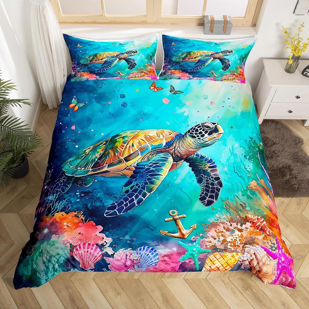 Turtle Butterfly And Flower Duvet Cover For Kids Boys Girls Lightweight Quilt Cover With 2 Pillowcase Cartoon Turtle Bedding Set