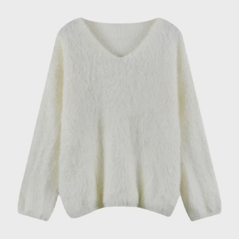 Women's Winter V-Neck Soft Knit Sweater - Gentle Style, Loose Mink Fur