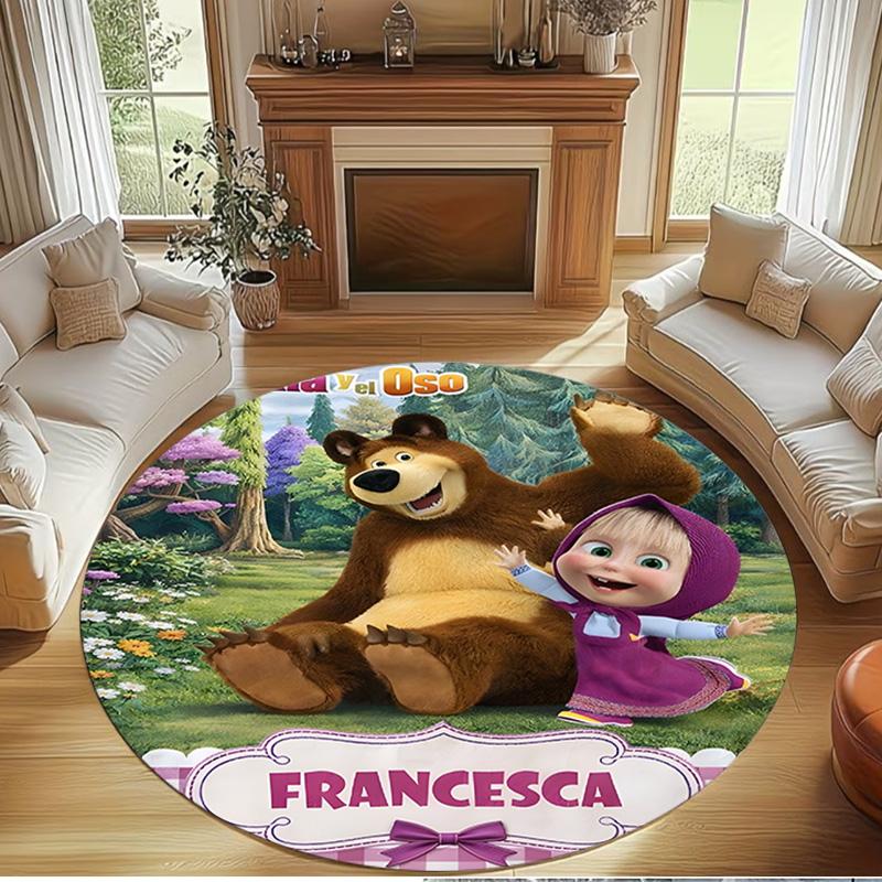 Masha and The Bear Print Round Rug, Washable Floor Carpet, For Entryway Dorm Laundry Room Office Study, Home Decor Birthday Christmas Gift