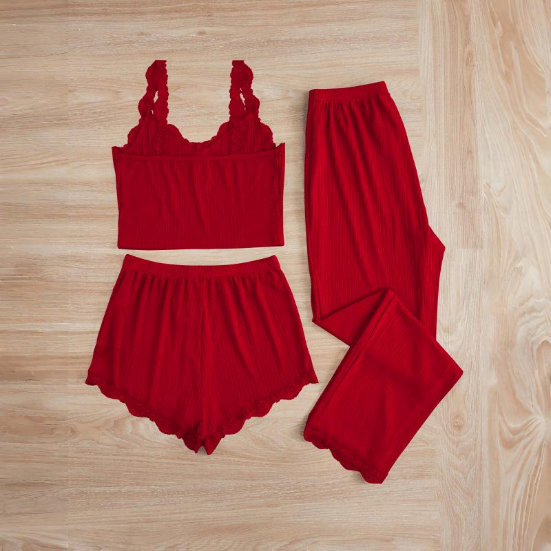 Популярный женский кружевной пижамный комплект: Комплект из трех предметов: шорты, длинные брюки и майка – Сексуальная домашняя одежда