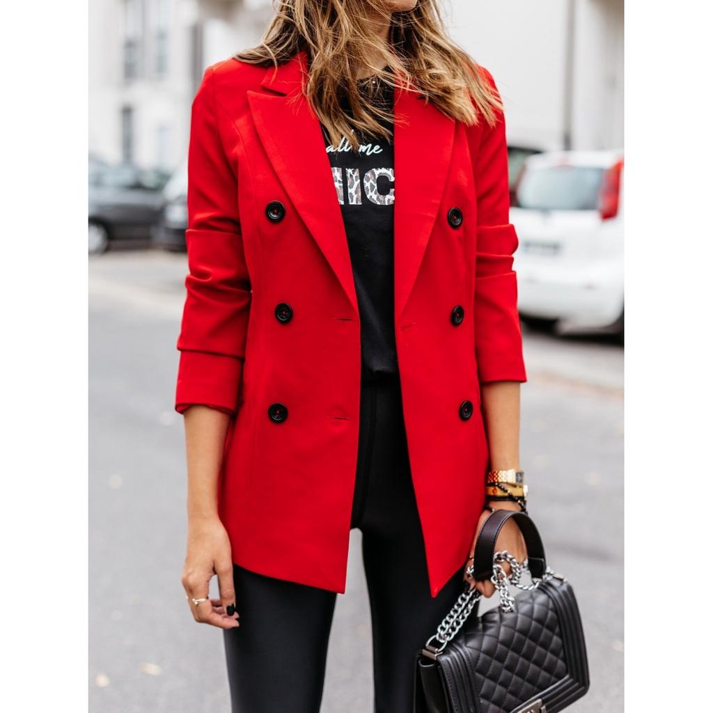 Autumn and Winter New Solid Color Long-sleeved Double-breasted Button Suit Jacket Female Cardigan