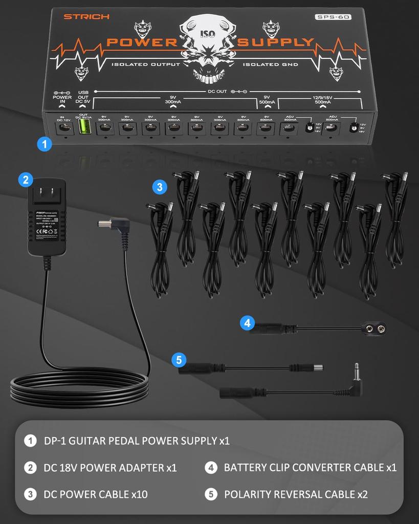 STRICH Guitar Pedal Power Supply 10 Completely Separate Pedal Board Power Supply DC Output High Power and High Current Effect Pedal Noiseless SPS-60