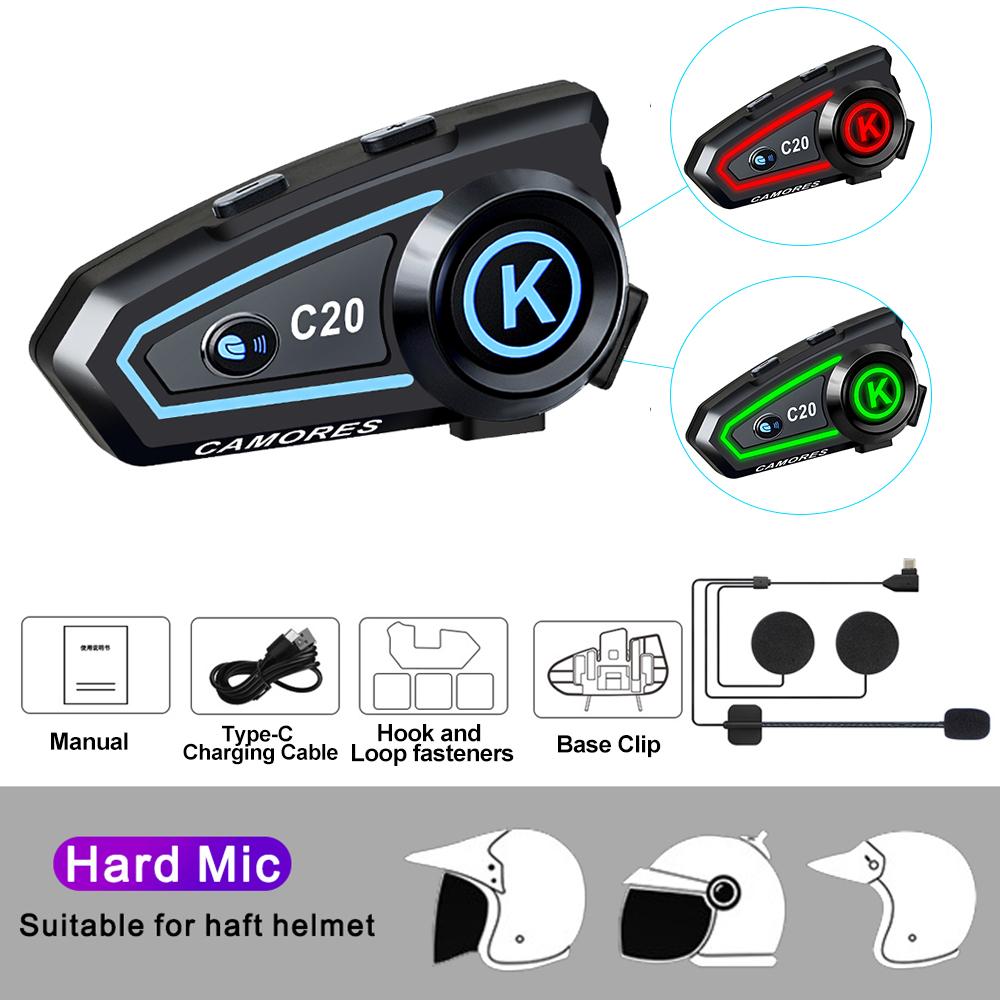 C20 Мотоциклетный шлем гарнитура стерео Bluetooth Hands Free Звонок IPX6 Водонепроницаемый 1200mAh с трехцветной подсветкой