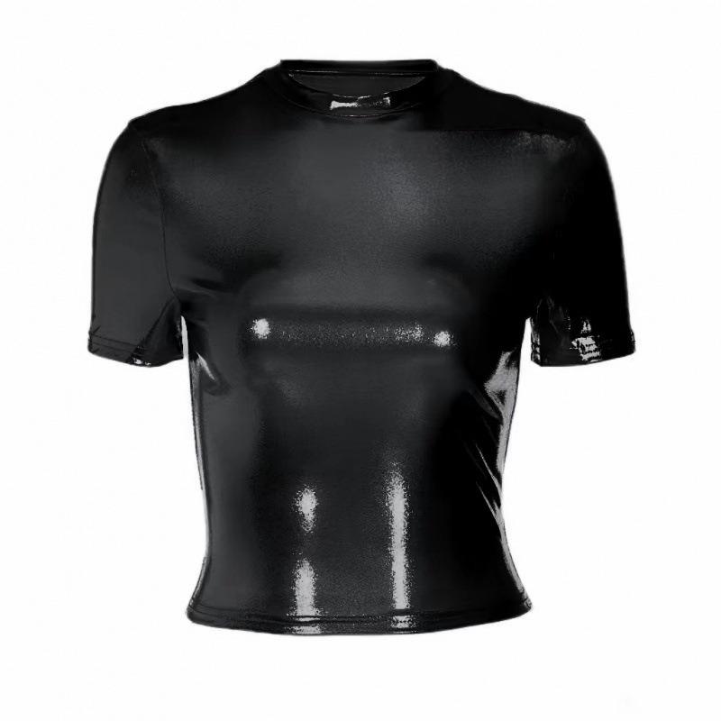 Женская весенняя новая модная металлическая круглая горловина с коротким рукавом обтягивающая футболка топ