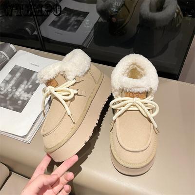 Зимние ботинки для женщин, теплые хлопковые ботинки с мехом и толстой подошвой, нескользящие ботинки на шнуровке, короткие ботинки