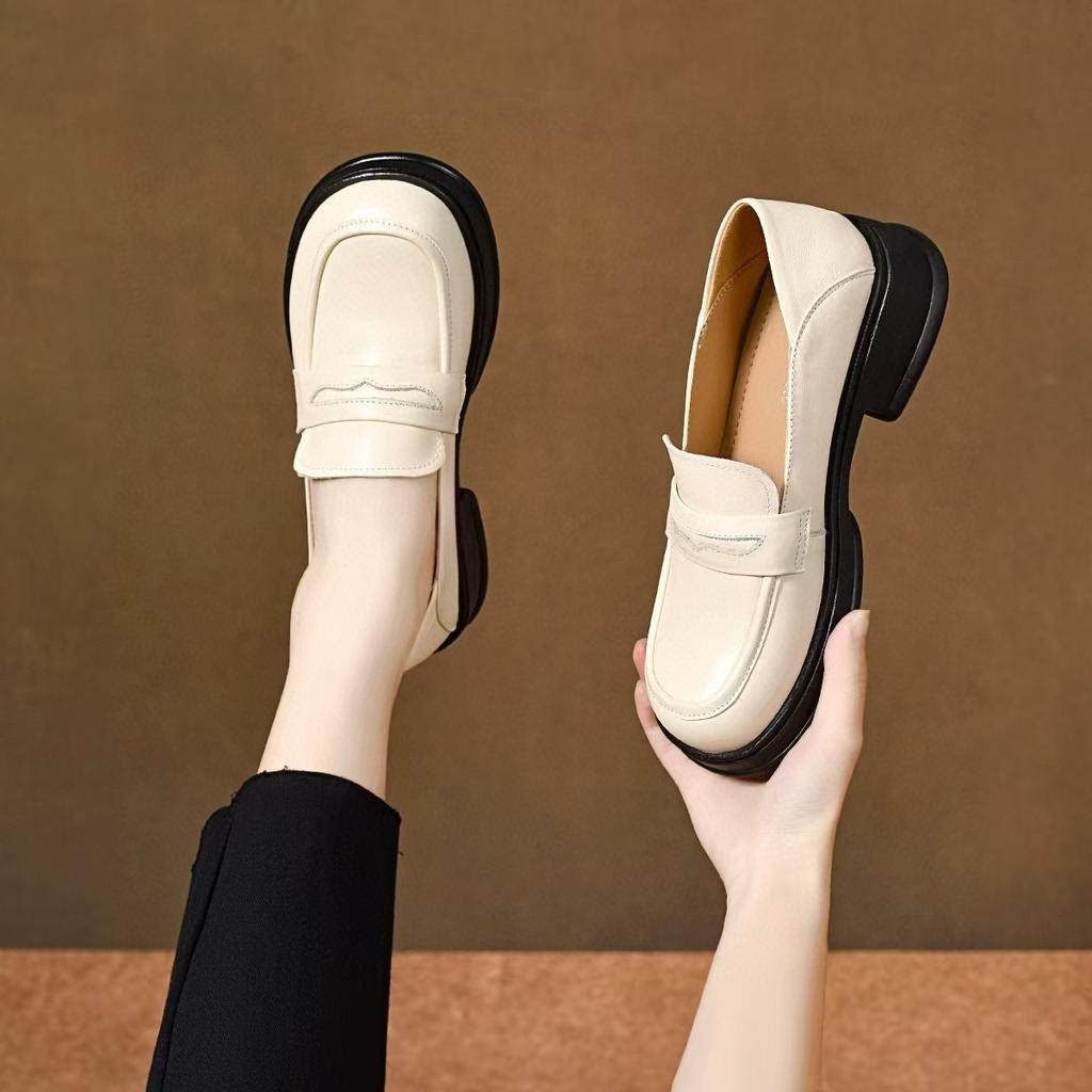 Platform-soled Loafers Women's 2025 Spring New Basic Models, One-pedal Small Leather Shoes, Single Shoes, Shallow Mouth College Style Women's Shoes