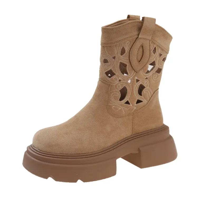 Fashion Summer Breathable Hollow Ankle Boots Women Chunky Platform Boots for Women Faux Suede Embroidery Design Top Quality Cowboy Boots