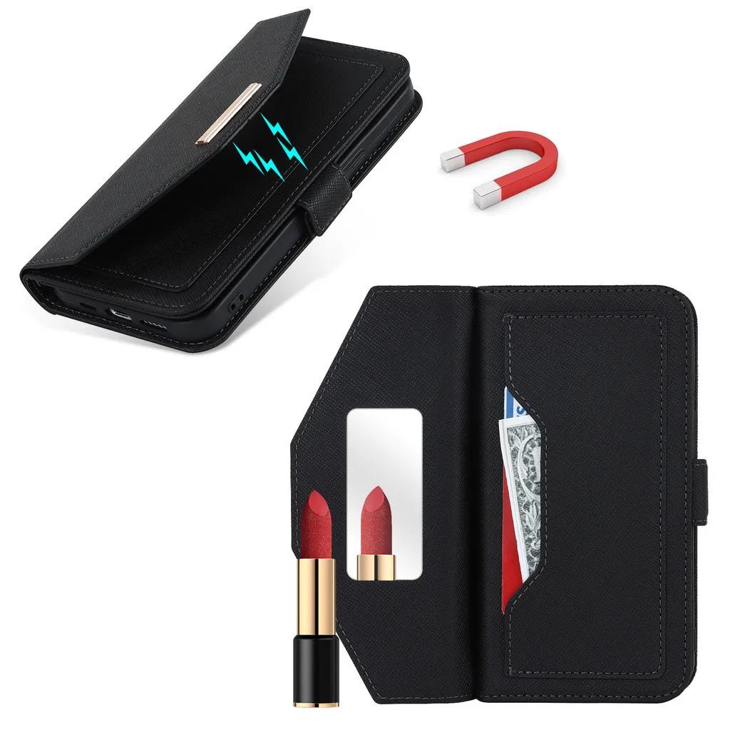 Mirror Wallet Magnetic Leather Case for iPhone 17 Pro Max Air 17E 16 15 14 13 Mini 12 11 7 8 Plus SE Xs XR Crossbody Strap Cover