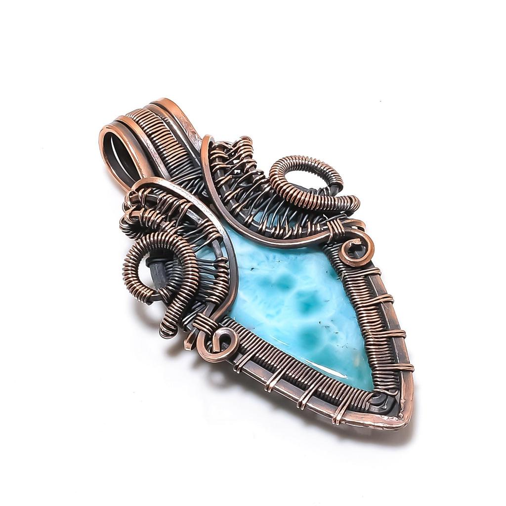 Подвеска с ларимаром, Ювелирное изделие из драгоценного камня, Подвеска, обернутая медной проволокой 999 пробы, Украшения ручной работы, Подвеска с камнем рождения, Подарок для него