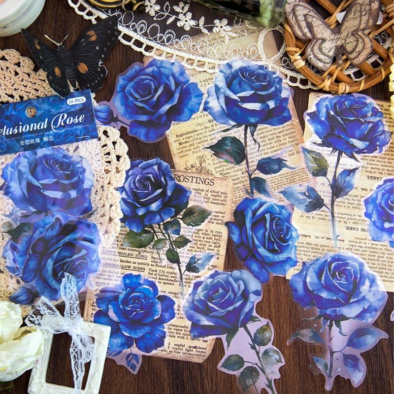 Journamm 10pcs/pack Rose Theme PET Stickers Flowers Stickers DIY Scrapbooking Collage Diary Aesthetics Decor Sticker Stationery