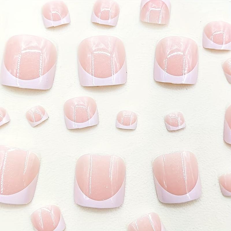 24pcs Glossy Short Square Press On Toenails, White French Tip Fake Toenails, Minimalist Style False Toenails For Women And Girls