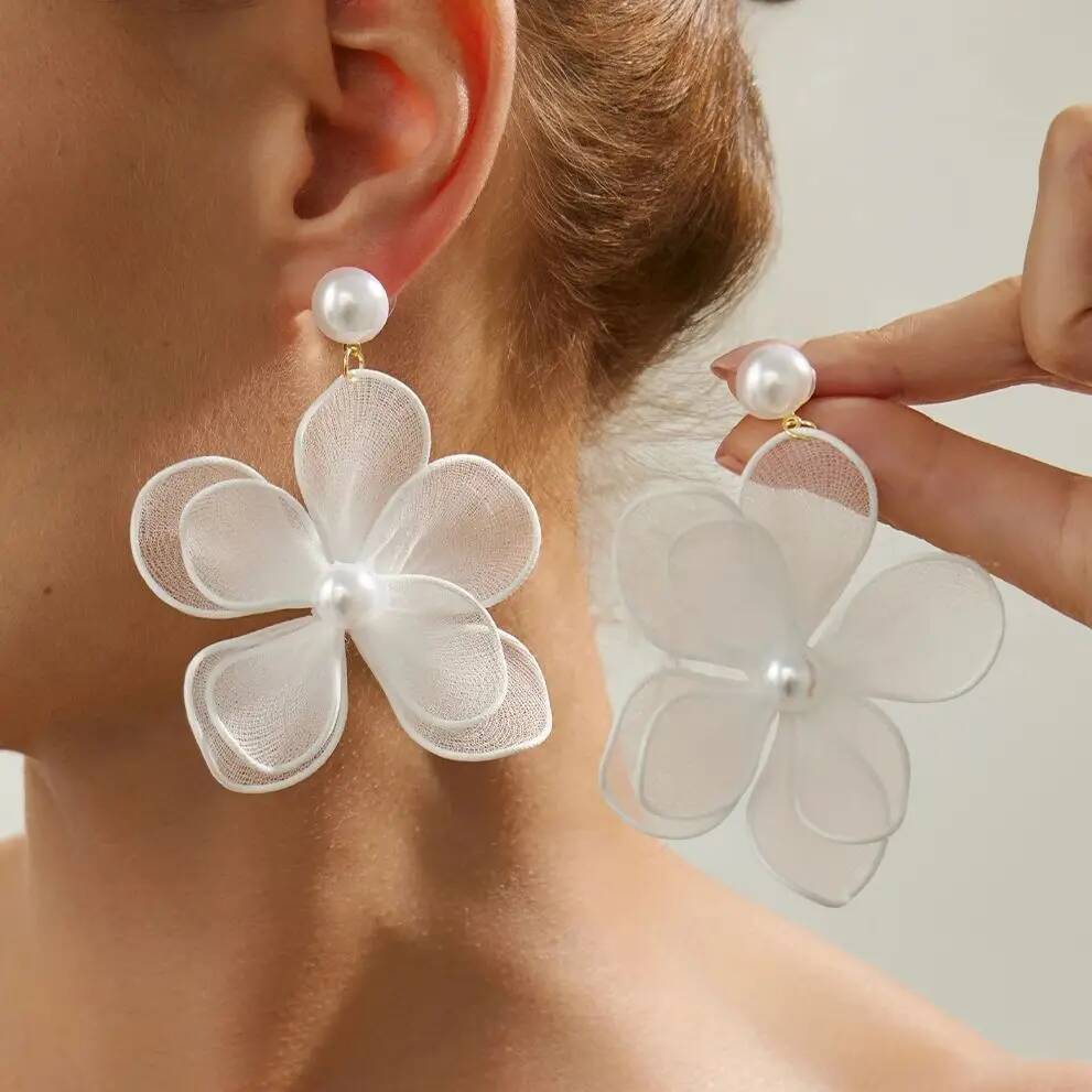 Ingemark Exquisite Elegant Imitation Pearl Mesh Flower Drop Earrings Women Romantic Minimalist Piercing Wed Bride New Jewelry