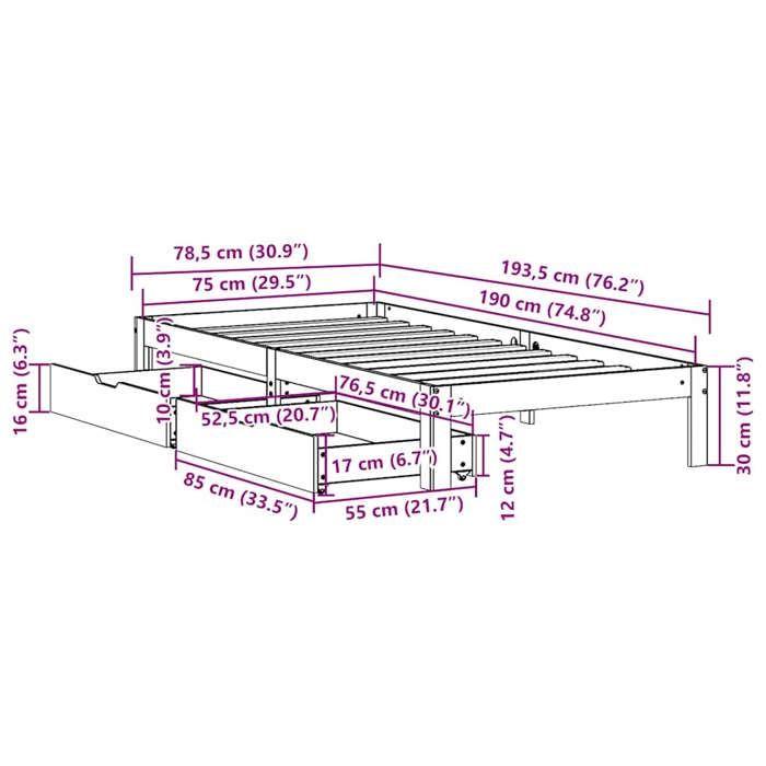 VidaXL Cadre de lit avec tiroirs blanc 75x190 cm bois de pin massif, sommier, cadre de lit simple, cadre de lit en bois 3301933