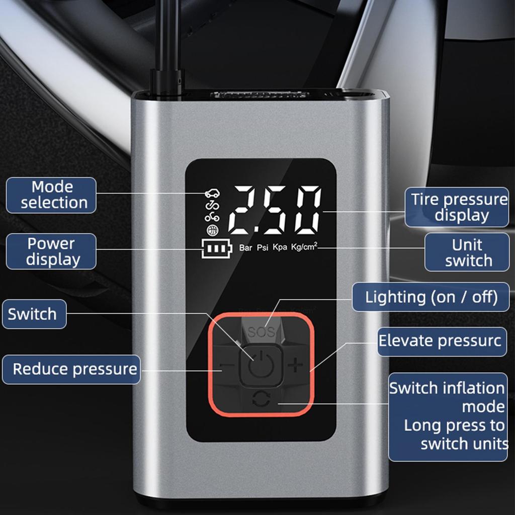 Portable Air Compressor With 4000mAh Battery LED Light Auto Off & Digital Pressure Gauge Electric Bicycle Pump