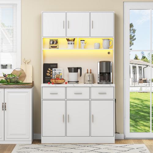 100×40×180cm Buffet Cabinet, APP LED Light, Drawers & Adjustable Shelves for Kitchen Dining Room