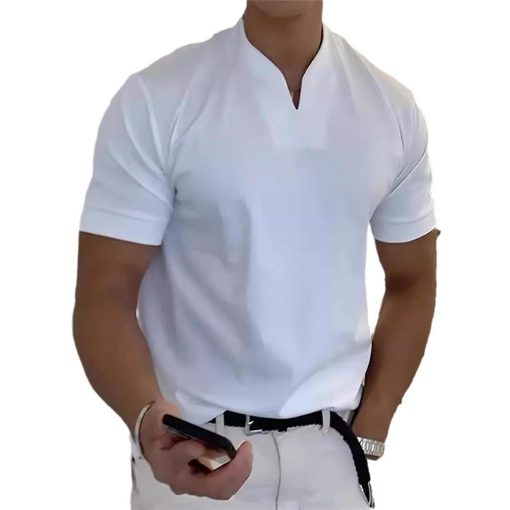 2025 Men's V-Neck Muscle Fit Sports T-Shirt - Elastic Short Sleeve Solid Color