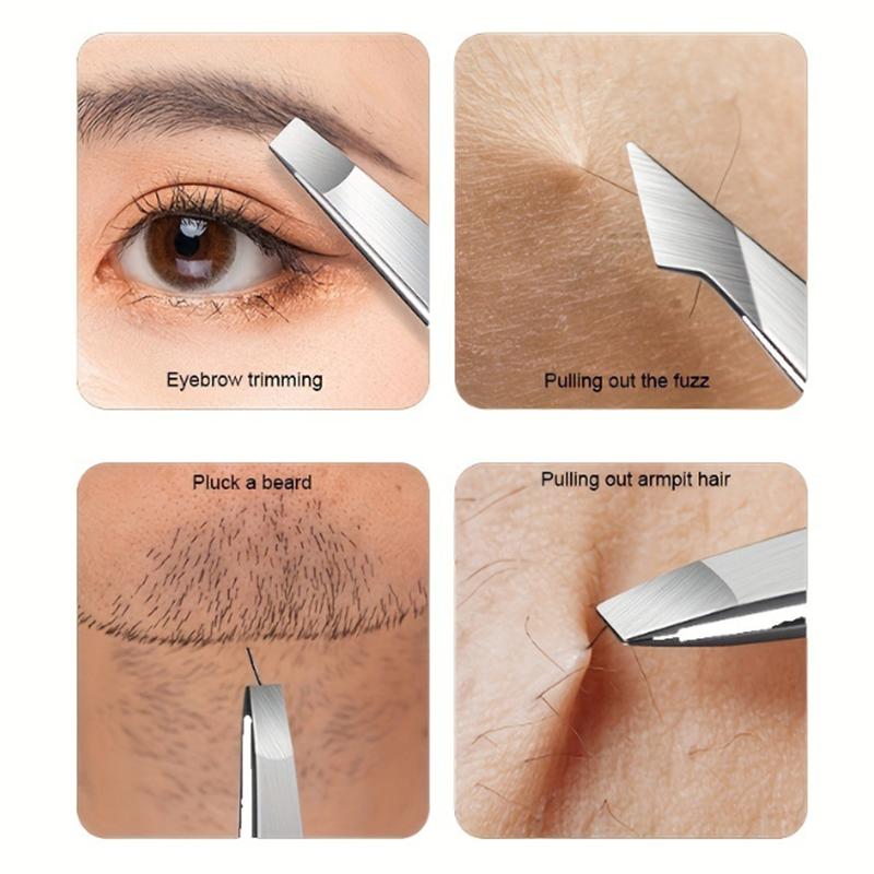 4 piece set of stainless steel tweezers, suitable for eyebrow trimming, hair removal, debris cleaning, and blackhead treatment
