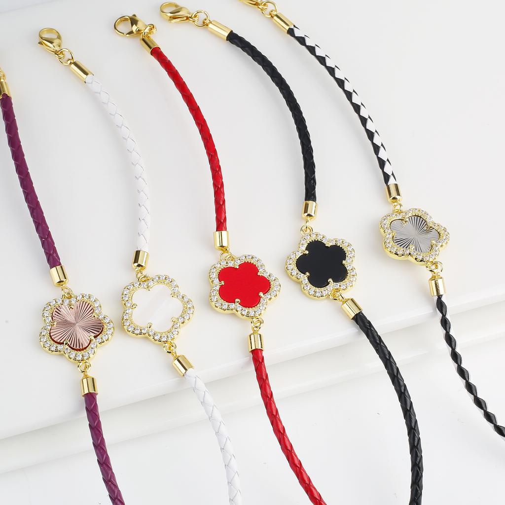 INS Hot Sale Shiny Zirconia Five-Leaf Flower Leather Adjustable Bracelet Classic Stone Plumeria Bracelet For Woman Jewelry Gift
