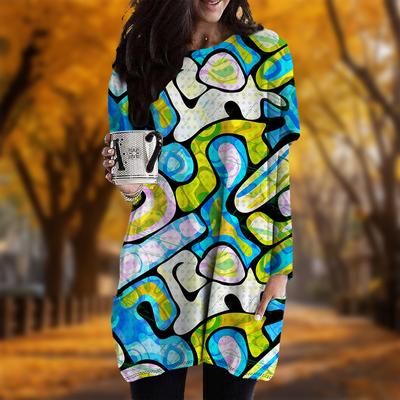 Новинка осени Уличный Граффити Принт Плюс Размер Платье Женское O-образный вырез Длинные рукава Повседневные Карманные Платья