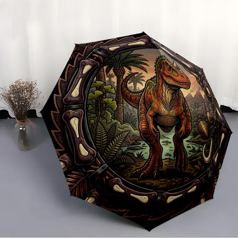 Prehistoric Dinosaur Emblem pattern umbrella, portable and foldable design, 8 ribs, a casual accessory for Halloween, Christmas, and birthday gifts.