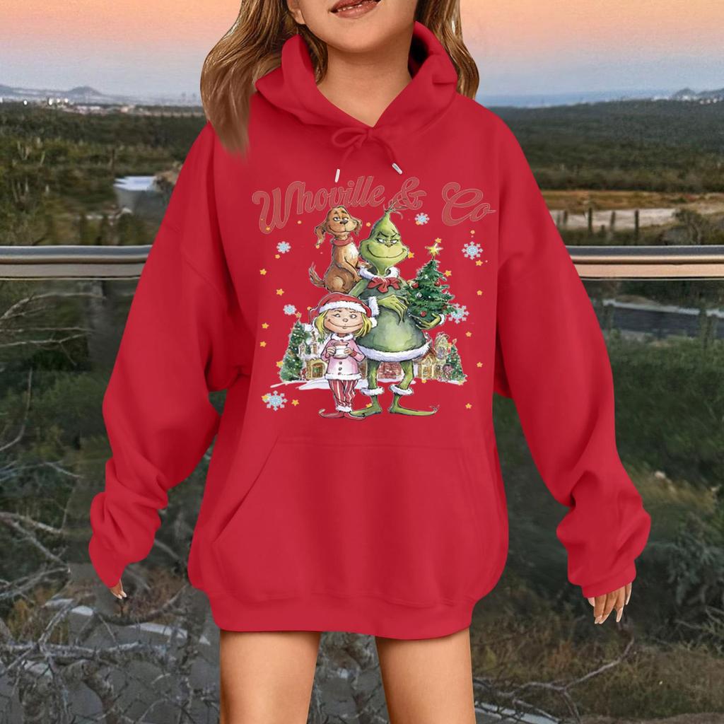 Детская модная повседневная толстовка с капюшоном свободного кроя с длинными рукавами и рождественским принтом