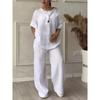 European & American 2025 Summer Fashion V-Neck Long-Sleeve Cotton Linen Women's Set