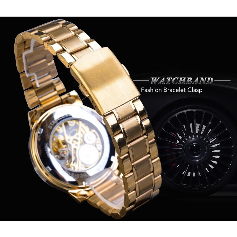 Forsining Часы Мужские модные повседневные золотые часы со стальным ремешком скелетонизированные механические часы