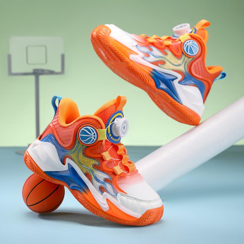Breathable Single and Double Mesh Children's Basketball Shoes Boys 2025 Summer New Girls Non-slip Rotating Button Sneakers
