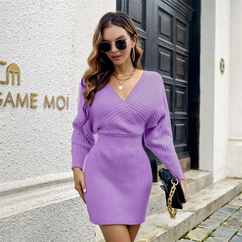 Женские осенние и зимние шикарные платья с v-образным вырезом и кукольными рукавами, однотонные трикотажные платья с высокой талией SL