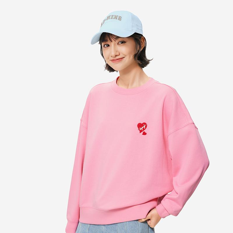 Li Ning Sports Fashion Series Heart Comfortable Casual Round Neck Loose Sweatshirt Womens Hoody Morning-Light-Pink AWDU790-8