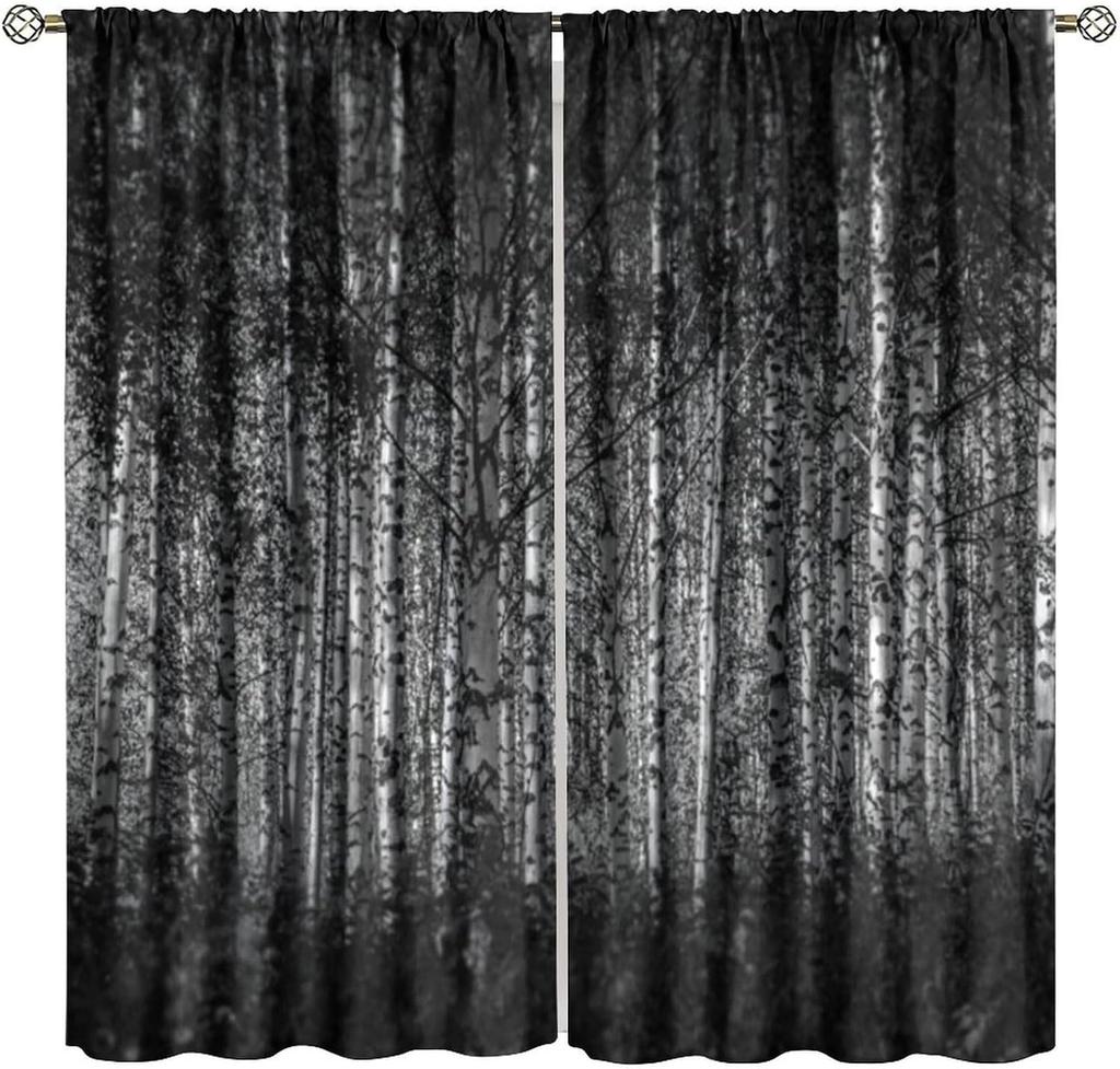 "Shadow Woods" Curtains – Dark Trees in Monochrome, Rod Pocket Drapes for Bedroom or Living Room 2pc 42x63in