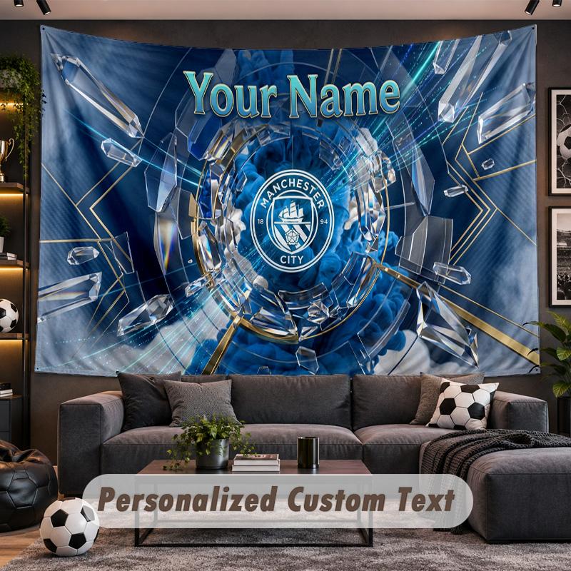 Manchester City Personalized Tapestry Support Custom Name, Wall Art Home Decoration