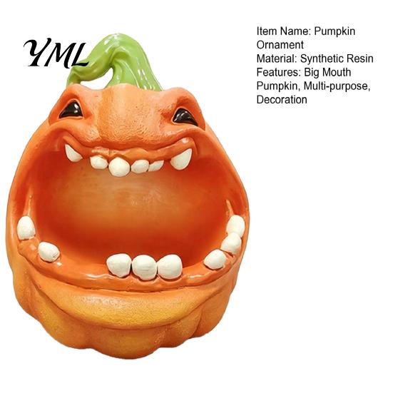 Holiday Desk Ornament Big Mouth Pumpkin Storage Box, Halloween Figurine Resin Jewelry Tray, Candy Holder Trinket Keys for Home Office Decor