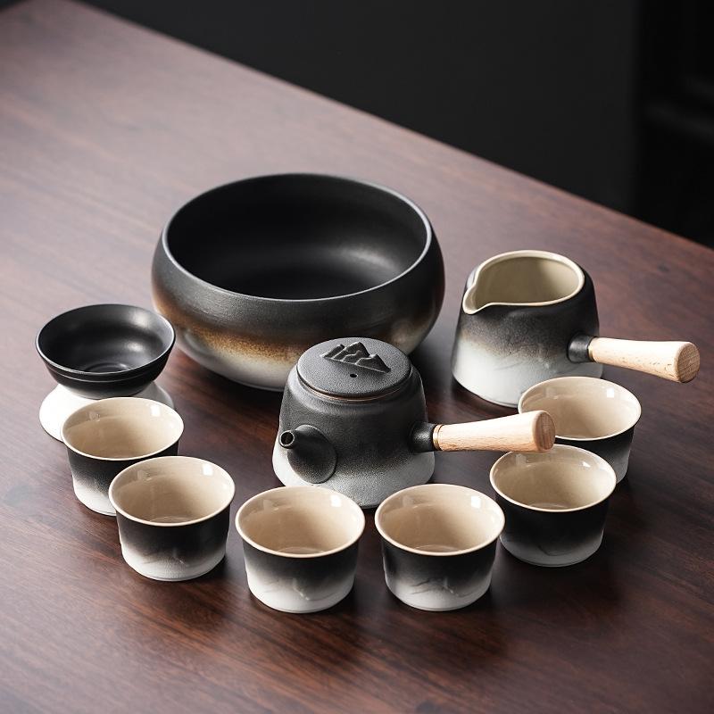 Light luxury retro side handle pot gradual change tea set coarse pottery with tea tray ceramic souvenir corporate activities can be