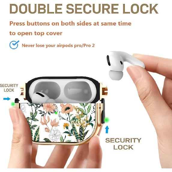 Compatible AirPods Pro 2nd/1st Generation Case Lock Flower Women Girl 2023/2022, Double Secure Lock Clip Hard Shockproof Protective iPods Pro 2 Cover