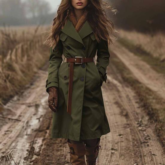 Женский тренч двубортный с лацканами с вырезом, классическое осеннее пальто, приталенного кроя, миди длины, с длинными рукавами, бушлат