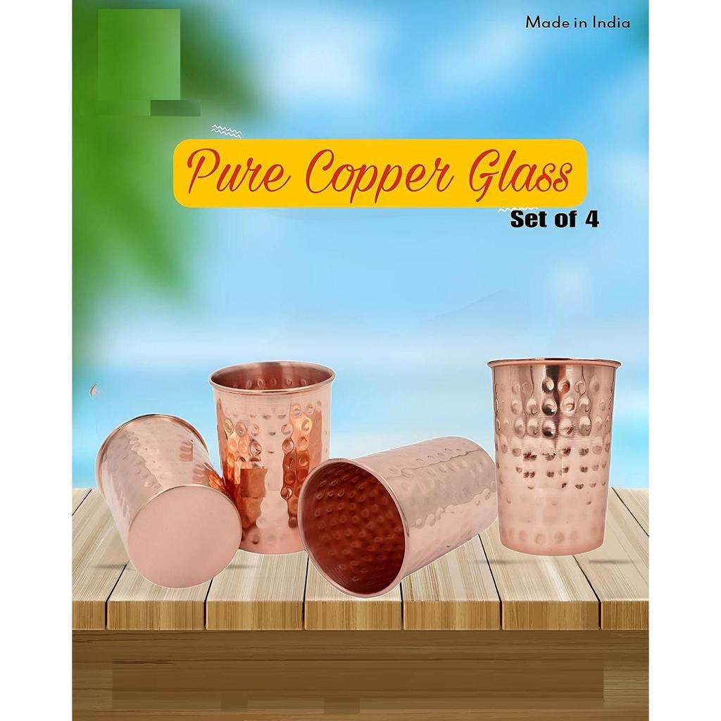 8 Litre Hammered Copper Water Dispenser (Matka) Container Pot with 4 Pure Copper Glasses with Pure Copper