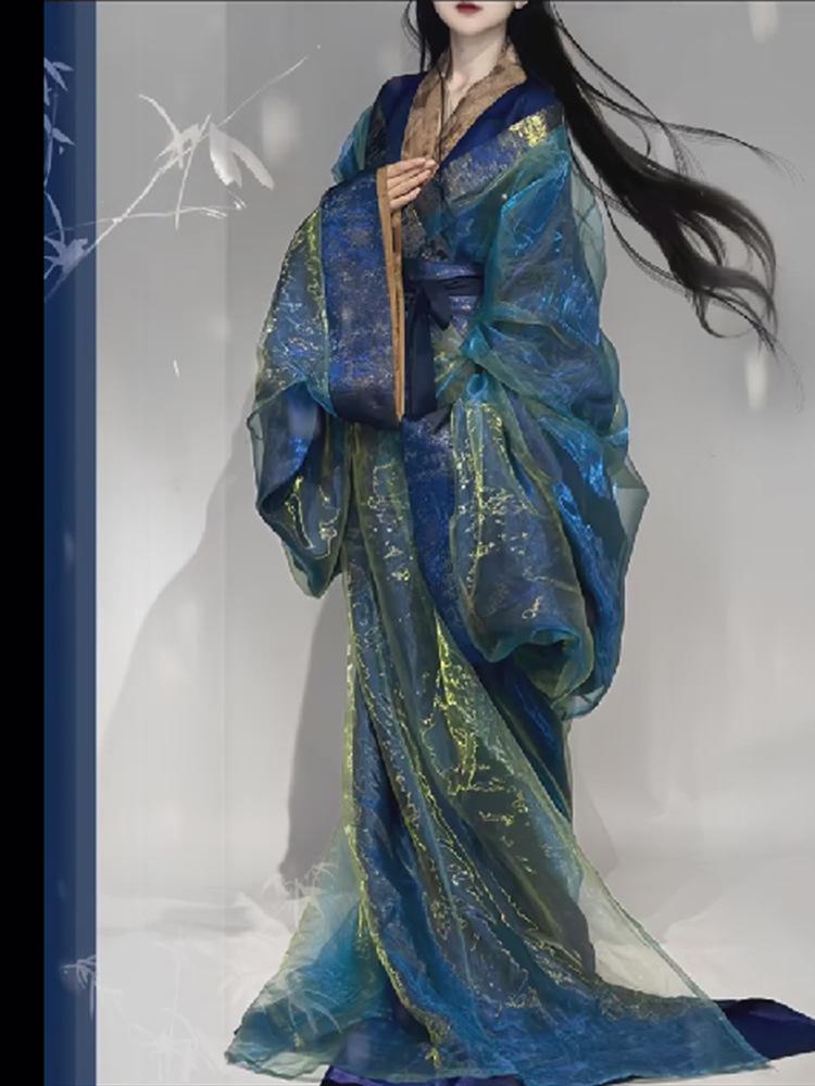 New Warring States Robe Hanfu for Women, Fairy Style Big Sleeve Trailing Straight Lapel, Ancient Costume for Dance Performance, Blue
